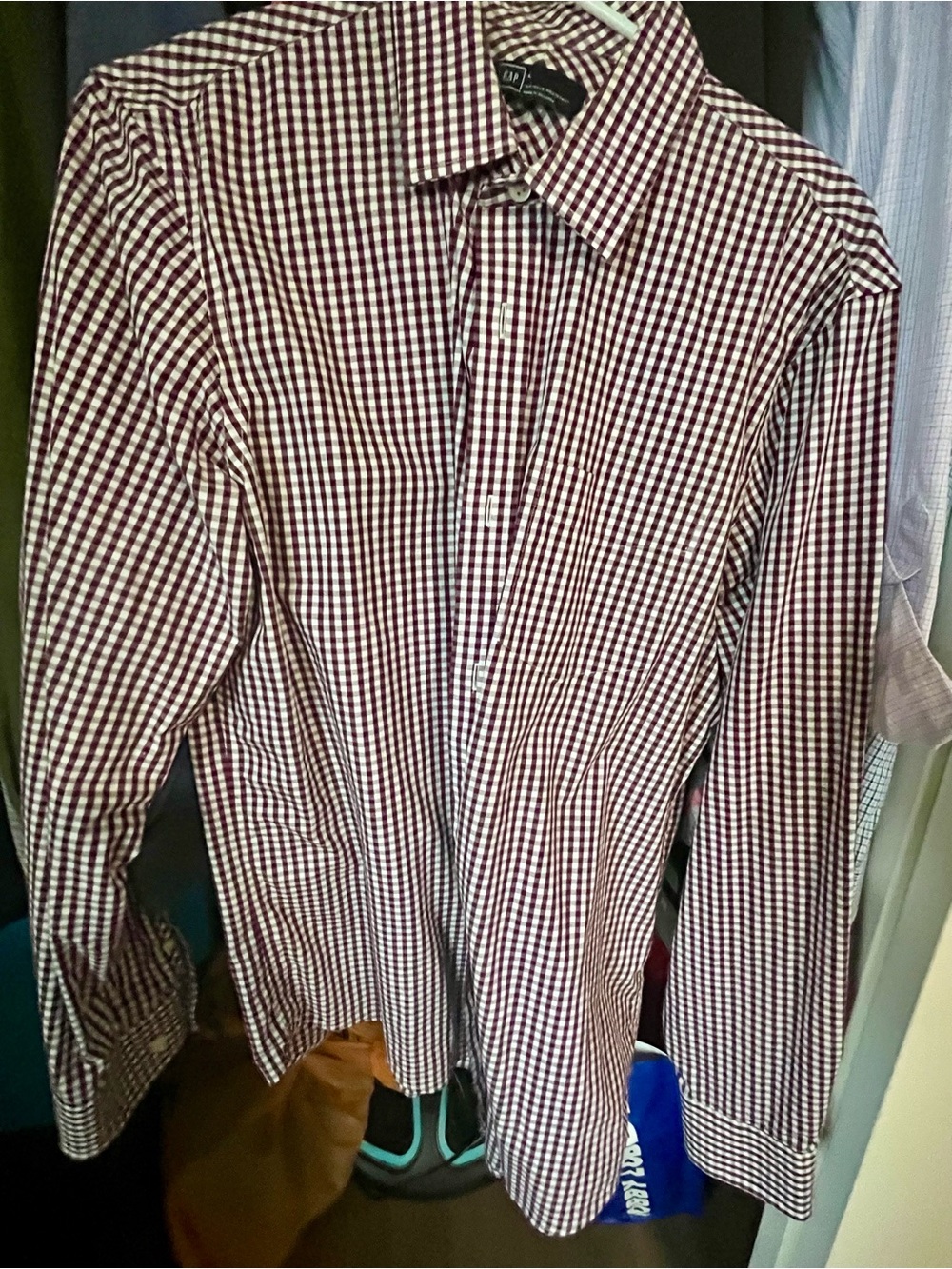 GAP Men’s Burgundy and White Gingham Button-Down Shirt